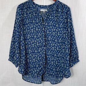 Jachs Girlfriend Floral Blue 3/4 Sleeve Flowy Boho Blouse Top Size M